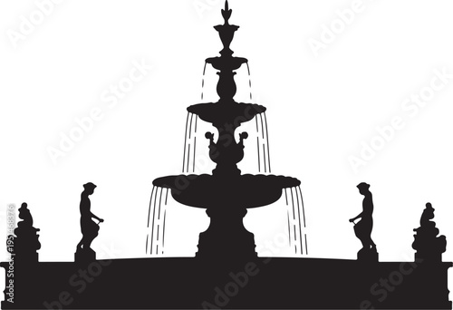 Black silhouette of a fountain with statues white background