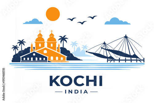 Kochi Skyline Flat Vector Chinese Fishing Nets Kerala India Travel Landmark Illustration