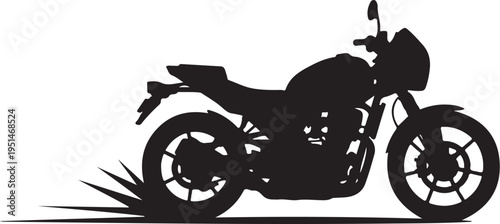 Black silhouette of a motorcycle speeding to the right