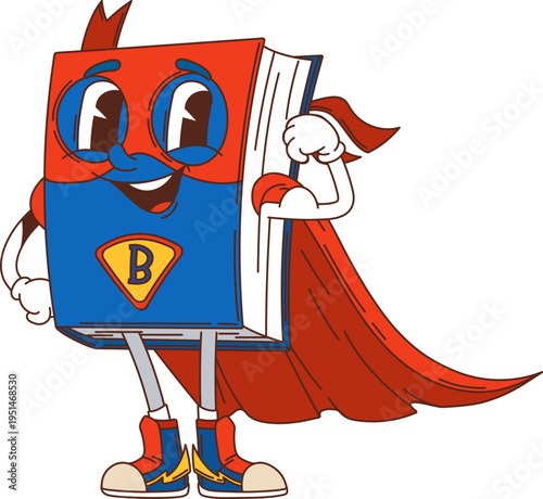Groovy book character in superhero mantle cape for school education, cartoon vector personage. Funny groovy book as super hero character with happy face and smile showing muscle biceps strength