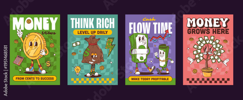 Funky business and finance groovy hippie characters posters. Vibrant posters featuring coin, money sack, stack of cash and potted money tree. Psychedelic vector personages bank promotion