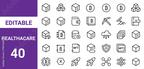 Containing medicine, hospital, doctor, nurse, ambulance, medical, treatment, pills, mental care and more. Editable line icons.