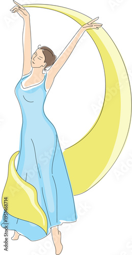 Graceful woman dancing in blue dress with yellow fabric. Elegant dancer vector illustration
