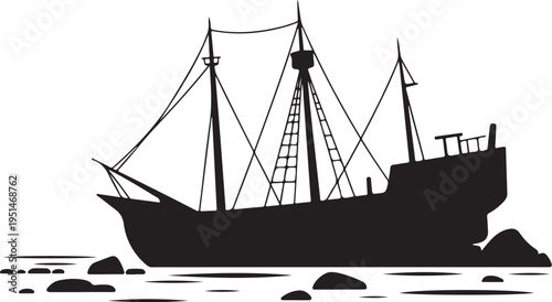 Black silhouette of a ship on water with rocks boat