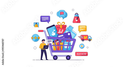 E-commerce Online Shopping Experience Illustration with Digital Cart, Mobile Payments, and Fast Delivery. Modern Digital Retail Concept.
