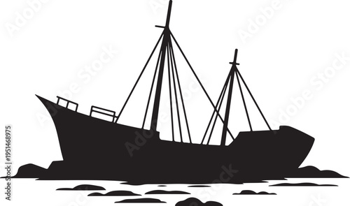 Black silhouette of a shipwreck on rocks water