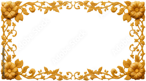 Golden Ornate Floral Frame with Intricate Carvings on Transparent Background