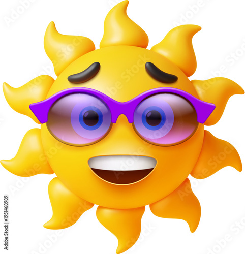 Cartoon 3d sun character, yellow sunny emoji with smiling face, cheerful emotion and purple sunglasses. Vector isolated glossy round sun with soft rays, happy expression and cute friendly mood