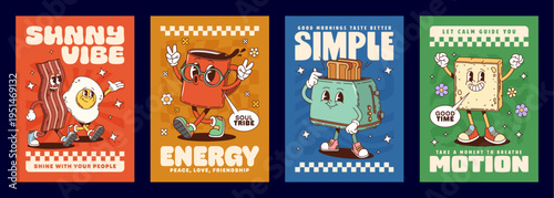 Breakfast groovy hippie characters posters with slogans sunny vibe and shine with your people. Soul tribe, peace, love or friendship, good morning taste better. Good time, take a moment to breathe
