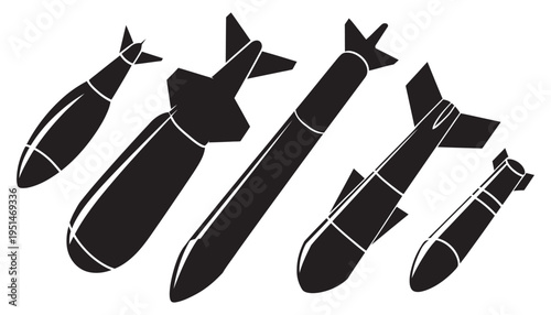 Bomb silhouettes, black vector set, different types of explosives, projectiles, weapon icons, military symbols, danger, isolated design, editable elements