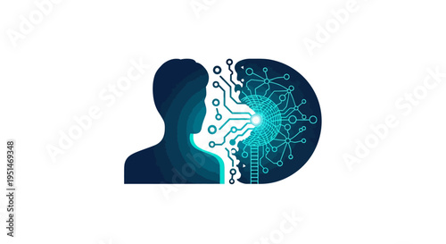 Human profile merging with abstract digital circuit, representing AI and technology integration vector illustration.