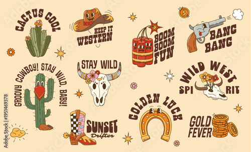 Funky Western y2k groovy Wild West and cowboy stickers with cartoon hat, cactus and horseshoe characters. Vector y2k Western skull, cowboy boot and dynamite, y2k groovy sheriff gun and gold stickers