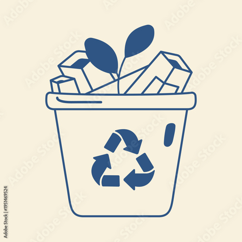 Trash bin with recycle symbol and leaves vector outline doodle waste management
