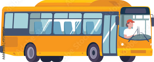 Modern yellow city bus with driver isolated on white background representing public transportation transit system and urban commuter services vector illustration.