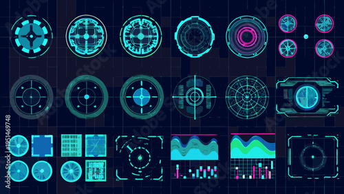 Futuristic user interface elements with glowing neon lines on a dark background