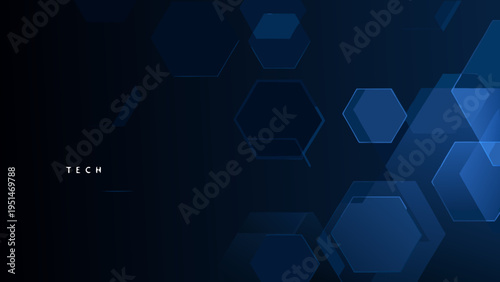 Abstract dark blue background with overlapping hexagonal shapes and tech text