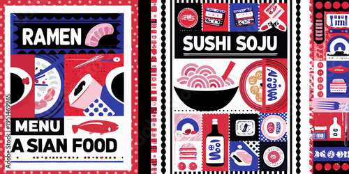 Colorful illustrated menu panels featuring ramen sushi and asian cuisine