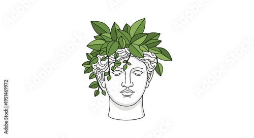 A white classical bust of a human head is adorned with a vibrant crown of green leaves as hair.