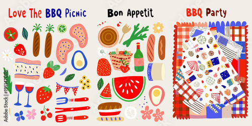 Colorful illustration depicting a summer barbecue picnic with various food items