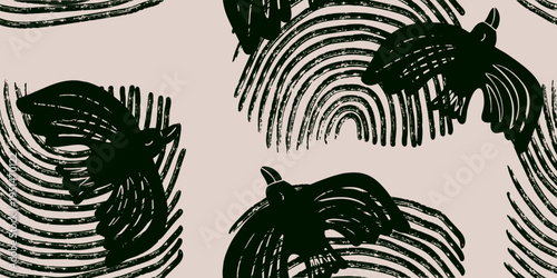Seamless Hand-Drawn Bird and Abstract Arch Pattern