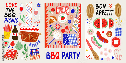 Colorful illustration of a summer bbq picnic with food and decorative elements