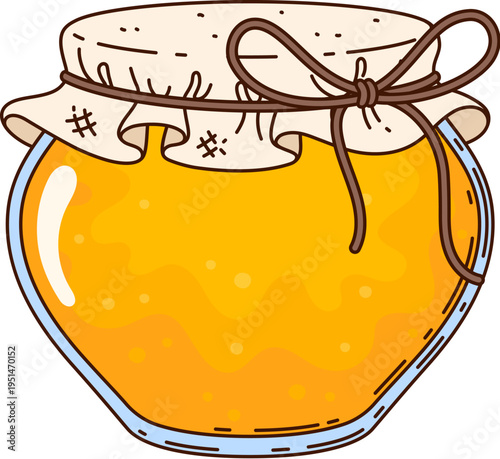 Cartoon groovy fresh bee honey glass jar. Farm apiary sweet honey groovy jug. Beekeeping natural nectar, agriculture product isolated vector bottle. Honey dessert cartoon container with fabric lid