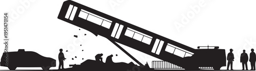 Black silhouette of bus falling off construction site dump truck