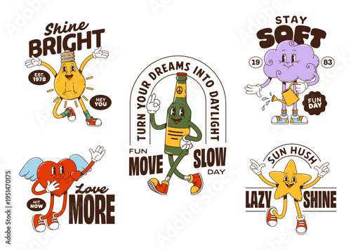 Hippie funky groovy characters stickers and t shirt prints. Cartoon vector lightbulb, bottle, cloud, heart and star retro personages with slogans as shine bright, love more, stay soft and sun hush