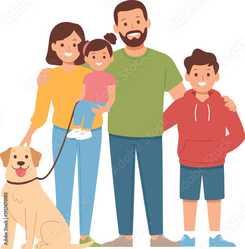 Happy young family with father mother son daughter and pet dog standing together representing love unity and domestic lifestyle vector illustration.