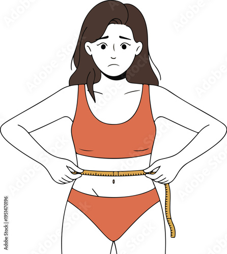 Sad woman measuring waist with tape in underwear representing weight loss struggle body dissatisfaction obesity health and fitness concept vector illustration.