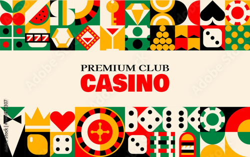 Online casino and gambling poker game banner with retro geometric pattern. Red, black, gold and green pattern with roulette wheel, dice, and poker chips. Flat vector banner for casino promotion