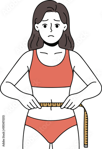 Sad woman measuring waist with tape in underwear representing weight loss struggle body dissatisfaction obesity health and fitness concept vector illustration.