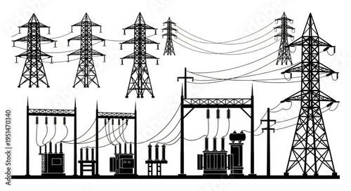 Silhouette of Electrical Substation and Power Transmission Towers.