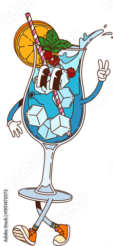 Cartoon groovy hippie drink cocktail funny character with funky face, vector beverage glass cup. Groovy cocktail drink character with berries, ice cubes and orange fruit with silly smile and whistling