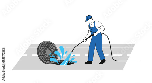 An illustrated worker in blue overalls cleans an open manhole on a gray road with a pressure washer, causing water to splash out.