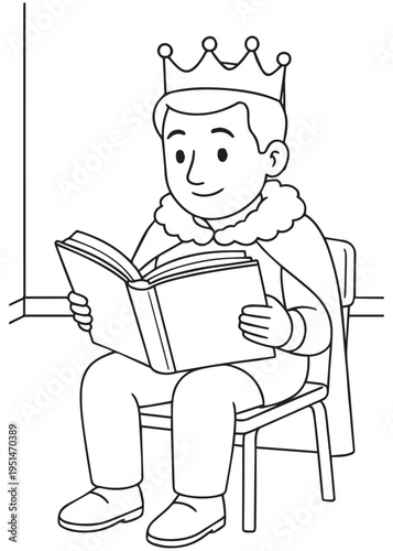 coloring book king sitting at a desk reading a storybook in the classroom