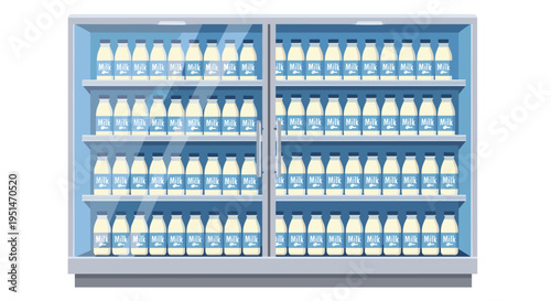 A large refrigerated display case with two glass doors is filled with multiple rows of white milk cartons on light gray shelves.