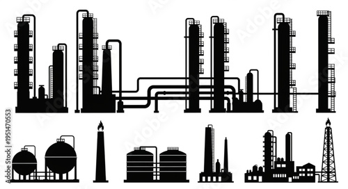 Silhouette of Industrial Plant and Refinery Complex with Towers and Tanks.