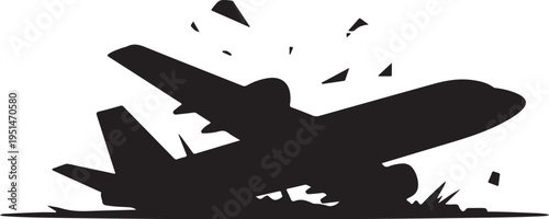 Black silhouette of crashing airplane with debris explosion