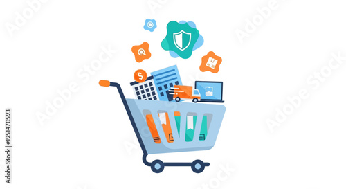 E-commerce & Online Shopping Concept: Cart with Digital Payment, Delivery, Security, and Business Management Icons