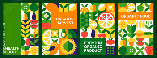 Organic food fruits and vegetables farm market posters with geometric pattern for health market. Vector premium organic farm eco products retro banners with lemon, orange, apple, pear and watermelon