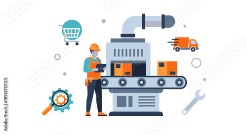 Industrial Production & Logistics: Worker Manages Automated Conveyor Belt, Supply Chain, and E-commerce Fulfillment Process
