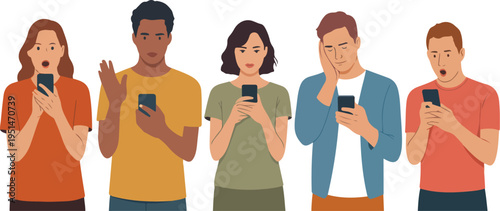 Diverse group of young people using smartphones with various emotional reactions including shock surprise boredom and concentration vector illustration.