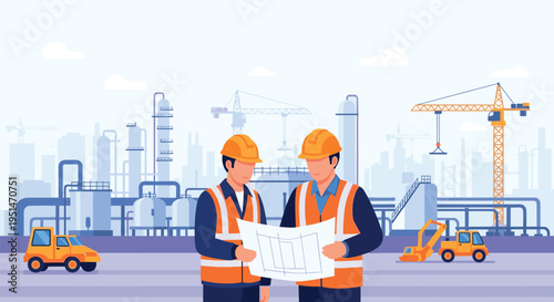 Two engineers in orange hard hats and safety vests are reviewing blueprints at a construction site with an industrial complex and cranes in the background.