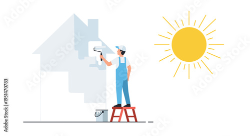 A man in blue overalls stands on a red stool painting the exterior of a grey house outline with a roller while a yellow sun shines nearby.