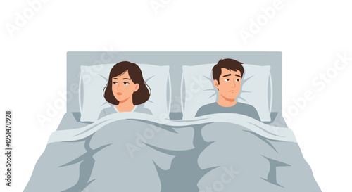 A man and a woman with sad expressions lie in separate beds with grey bedding.