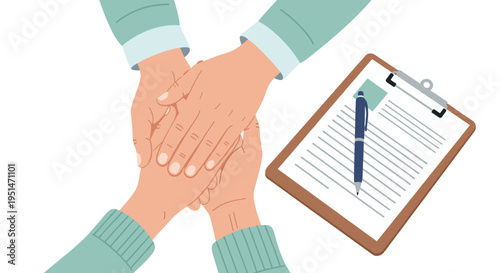 Three hands are stacked together next to a clipboard with a pen and document on a white surface.