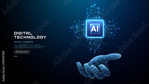 AI chip held by human hand with circuit connections spreading outward. Digital technology concept showing artificial intelligence hardware and futuristic semiconductor innovation. Tech vector