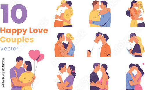 Set of ten diverse happy couples in love hugging and kissing including lgbtq and heterosexual pairs representing romantic relationships and Valentine's Day vector illustration.