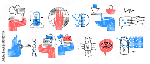 Artificial Intelligence Technology Icons Set With Robotic Hands Data Processing And Cyber Security